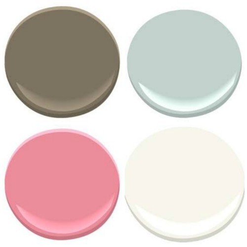 BENJAMIN MOORE COLORS: CLOCKWISE FROM TOP LEFT: 1. FAIRVIEW TAUPE, 2. WOODLAWN BLUE, 3. MOUNTAIN PEAK WHITE, 4. AUTUMN RED THE WALL COLOR, FAIRVIEW TAUPE, IS EXTRA SPECIAL AS OUR FARMS NAME IS "FAIRVIEW" 