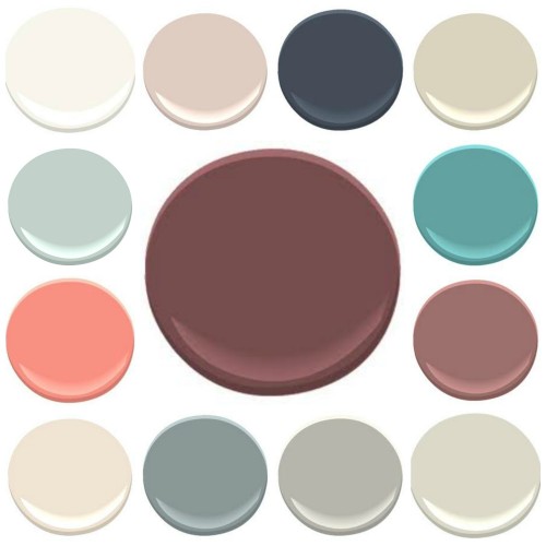 ALL BENJAMIN MOORE COLORS- CLOCKWISE FROM TOP LEFT : 1. MOUNTAIN PEAK WHITE, 2. SOUTHER COMFORT, 3. HALE NAVY, 4. JUTE, 5. MAJESTIC BLUE, 6. SOMERVILLE RED, 7. ASHWOOD, 8. GRAY HUSKY, 9. ANCHOR GRAY, 10 PRISTINE, 11. CORAL GABLES, 12 PALLADIAN BLUE