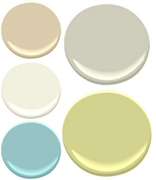 BENJAMIN MOORE: (clockwise from the upper left) PUTNAM IVORY, HAZY SKIES, PALE AVOCADO, TRANQUIL BLUE AND TIMID WHITE
