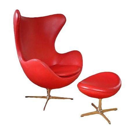 Arne Jacobsen Style Red Leather Chair & Ottoman