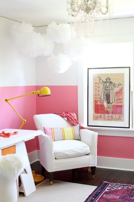 half wall of colour in home office of Shereen de Rousseau