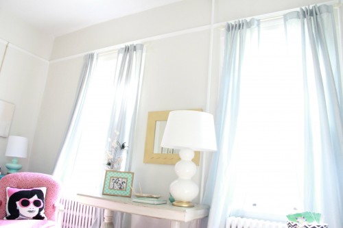 These curtains are the Martha Stewart "Faux Silk" in Rainwater from Home Depot. I just ordered a new pair for the dining room. They look so lovely and with the Tab back, hang beautifully. 