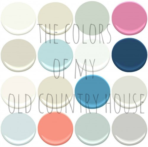 THE PAINT COLORS OF MY OLD COUNTRY HOUSE: BENJAMIN MOORE- SIMPLY WHITE. FEATHER DOWN, SEA SALT, PARADISE PINK, CLASSIC GRAY , BIRDS EGG, MOUNTAIN PEAK WHITE, DOWNPOUR BLUE, CHANTILLY LACE, MARITIME WHITE, POOLSIDE, OCEAN AIR, CORAL GABLES, PALLADIAN BLUE, STONINGTON GRAY