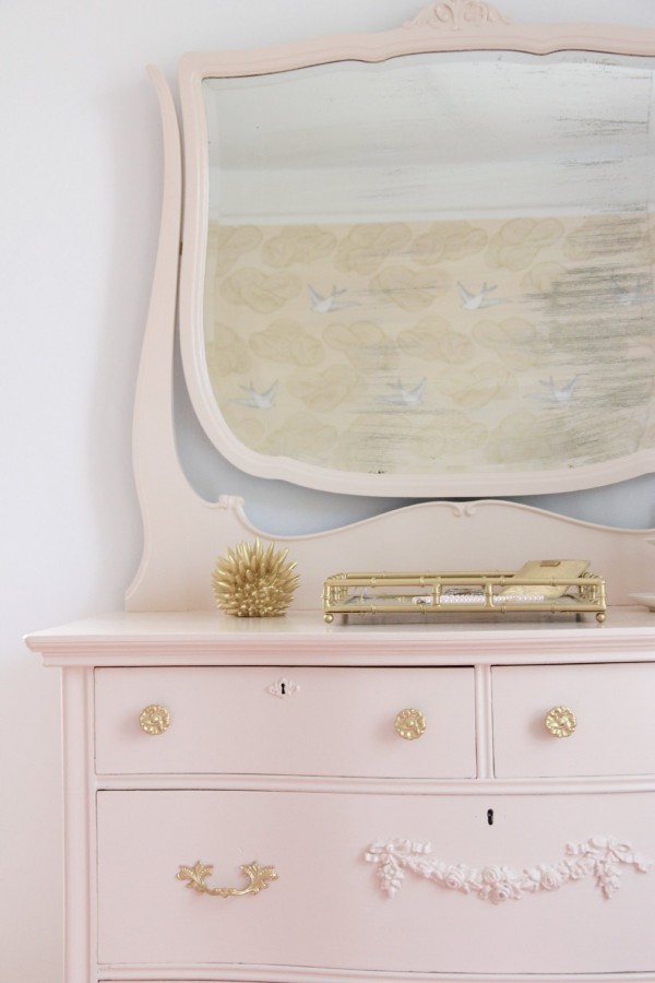 Phoebe's dresser is painted Benjmain Moore Raleigh Peach in Semi-Gloss Advance paint.