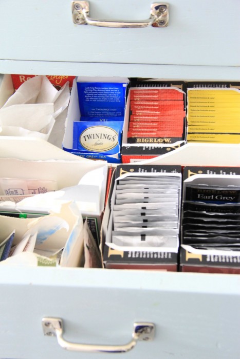 The drawers are handy for things that never could find a home, like all the TEAS for my family of tea drinkers!