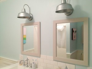 outdoor galvanized light fixtures from Lowes! Mirrors are Martha Stewart Seal harbor.