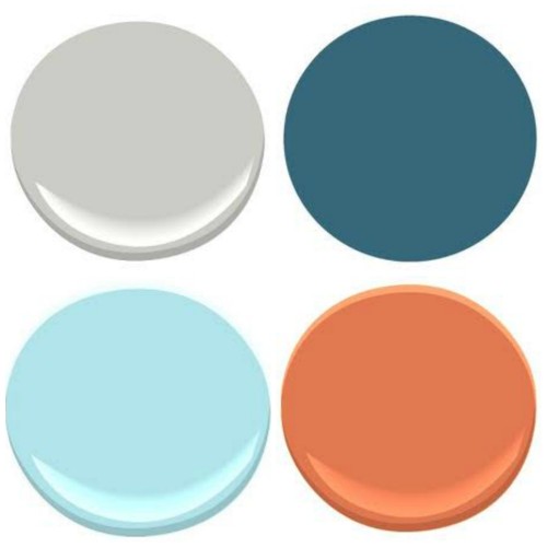 BENJAMIN MOORE: STONINGTON GRAY, POOLSIDE (not to be confused with Poolside Blue"), ORIOLE, BLUE SEAFOAM
