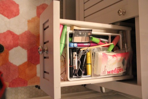 WE PUT A SILVERWARE DIVIDER IN PHOEBE'S DRAWERS FOR HER MAKEUP COLLECTION...AND IT IS A COLLECTION!