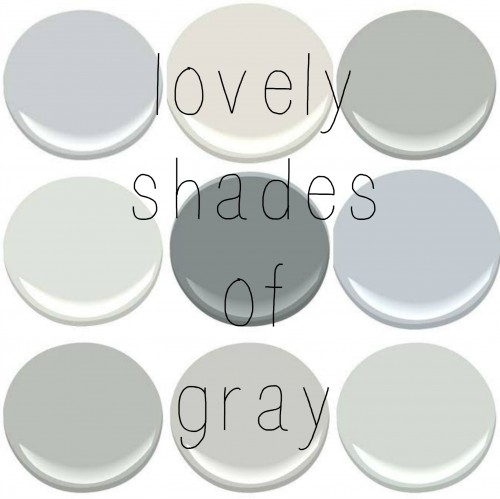 BENJAMIN MOORE: BERGMAN GRAY (tis is a color I made by mixing 6 different grays post HERE), CLASSIC GRAY , COVENTRY GRAY, HORIZON,  SHAKER GRAY, FEATHER, METROPOLITAIN, STONINGTON, WICKHAM GRAY