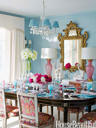 INTERIOR DESIGNER RUTHIE SUMMERS...LOVE THE PINK AND BLUE AND BLACK...FROM HOUSE BEAUTIFUL" In the dining room, walls in Farrow & Ball's Blue Ground in Full Gloss are a foil for pink Murano glass lamps from Swank Lighting. Vintage Louis XVI–style chairs around a Jansen dining table are covered in Talcy Velvet by Clarence House."