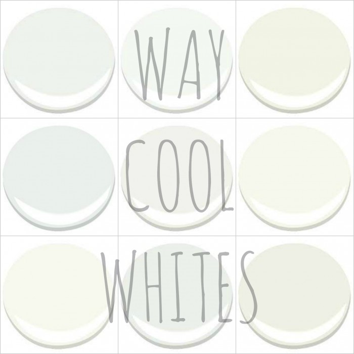 MY TOP PICKS - ALL BENJAMIN MOORE - FROSTINE, CHANTILLY LACE, CLOUD WHITE, DECORATORS WHITE, OXFORD WHITE, SIMPLY WHITE, SNOWFALL WHITE, WHITE CHRISTMAS AND WHITE DOVE. 