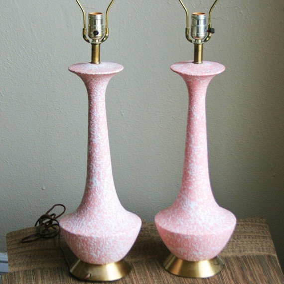 Pair of Mid Century Pink and White Speckled Large Lamps by Vintage Wolfy