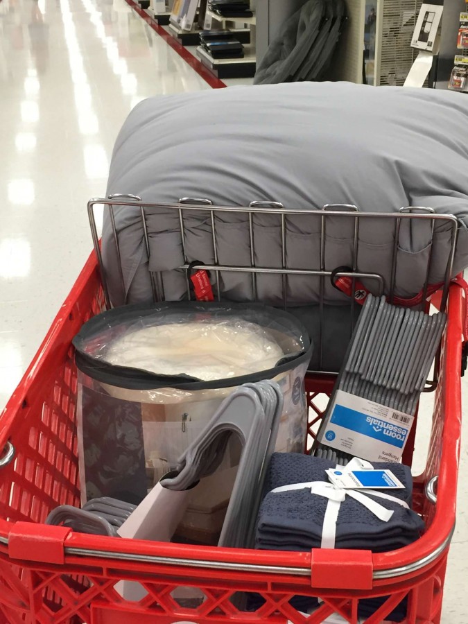 I Filled my two carts! I highly recommend breaking your DORM shopping down into multiple trips. It is mentally exhausting! I have done the boring stuff for Tate - extension cords, hangers , mattress pad, storage bins and he is going to do the more personal items - lamp, bedding, and a chair!