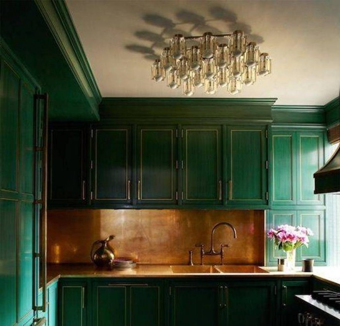 beautiful-flush-mount-chandelier/kitchen-with-forest-green-cabinets-and-bronze-backsplash-and-flush-mount-chandelier/