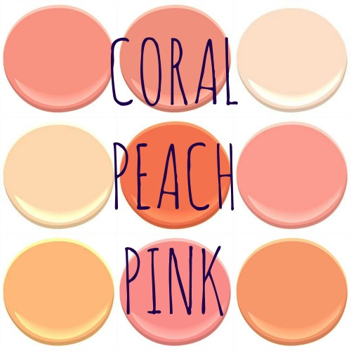 BENJAMIN MOORE: CORAL GABLES, CORAL REEF, DAYTONA PEACH, FUNKY FRUIT, JEWELED PEACH, OLD WORLD, PEACH SORBET, PINK PEACH AND SUNSET BOULEVARD. 