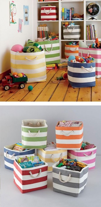 LAND OF NOD - THESE ARE THE PERFECT STORAGE FOR KIDS, COLORFUL, NOT UGLY, WONT CRACK A HEAD OPEN IF YOUR TODDLE TRIPS...YOU CAN BRING SOME CUTE COLOR IN AND CARRY THEY FROM ROOM TO ROOM AS NEEDED. 